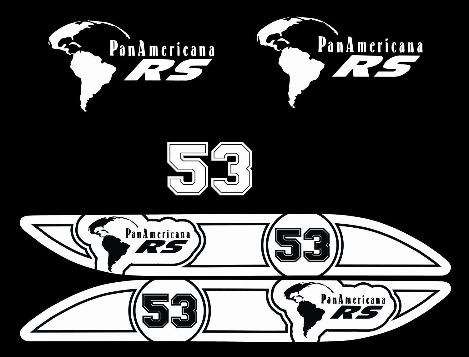 Juego de pegatinas con los logotipos de PanAmericana RS en blanco, el mapa del mundo y el número 53