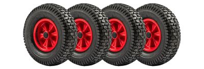 Vier Offroad-Kompletträder mit roten Felgen von Dino Cars