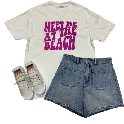 Meet Me At The Beach White Tee Cosmic Lilac Print