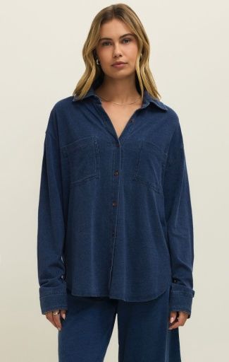 Z Supply REESE JERSEY DENIM BUTTON UP, Size: XS
