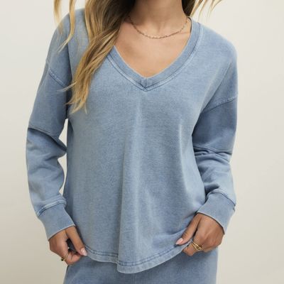 Z Supply Delphine Knit Denim Sweatshirt Ocean Air