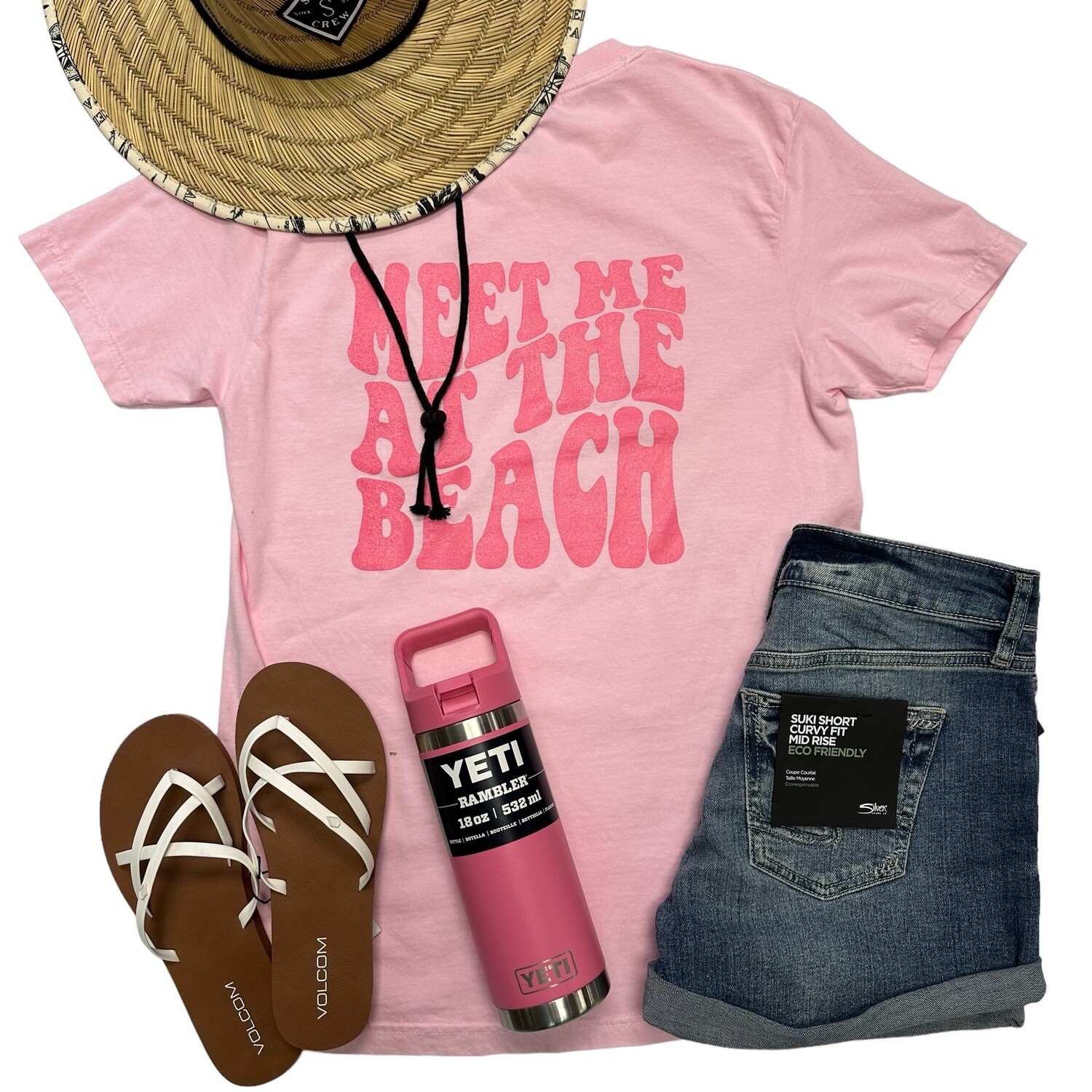 Meet Me At The Beach Tee Pink Bubble Logo