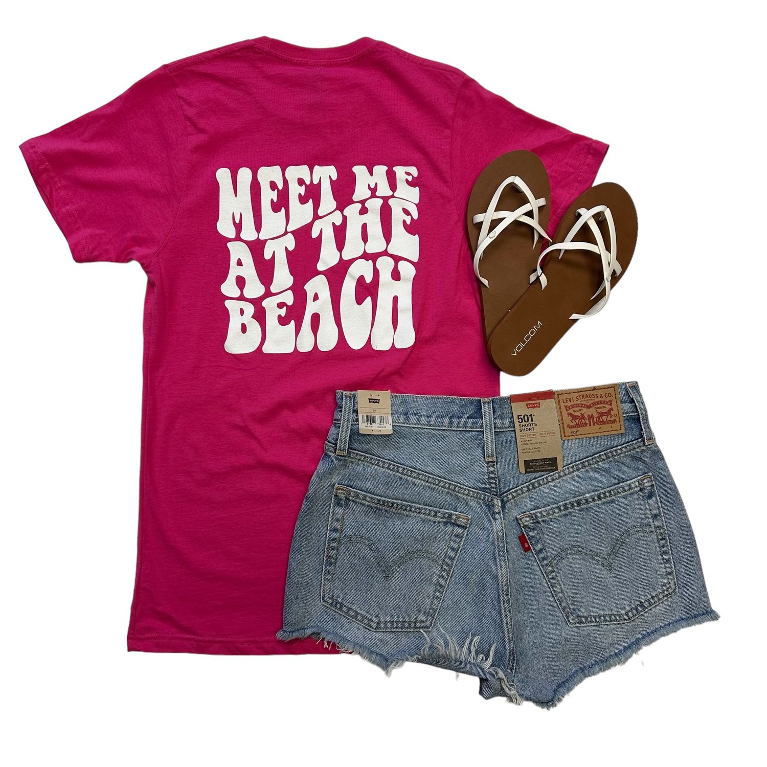 Meet Me At The Beach Bubble Logo Bright Pink Tee