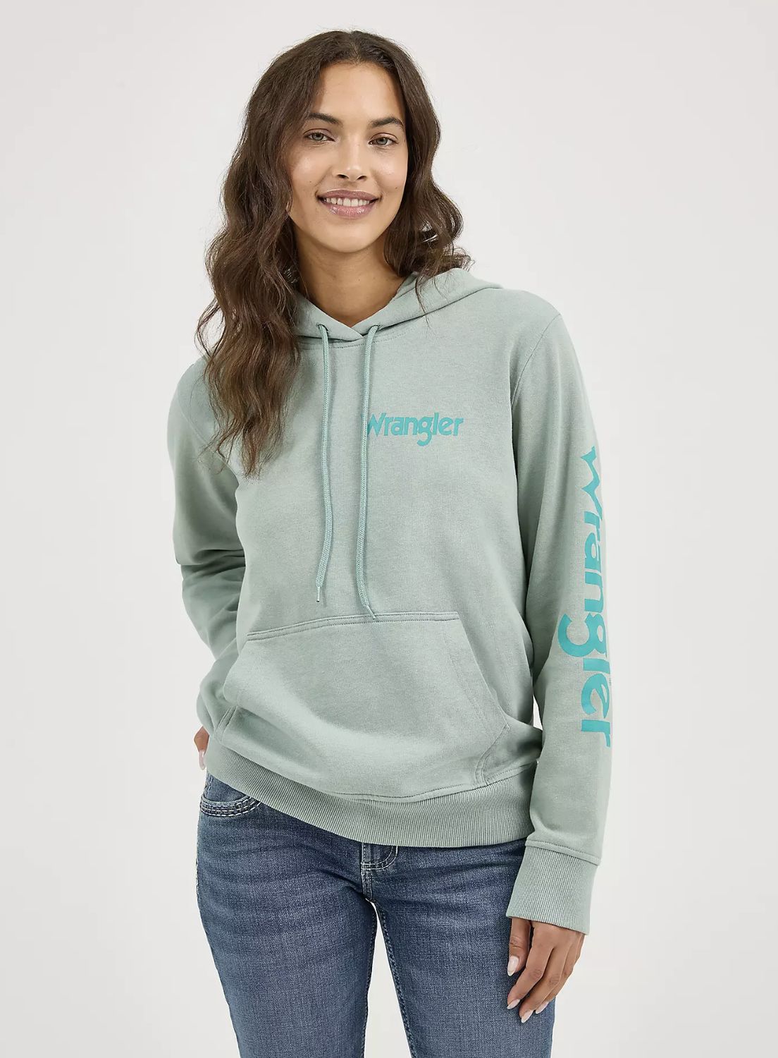 WOMEN'S WRANGLER RETRO® LOGO ARM PULLOVER HOODIE Blue Surf