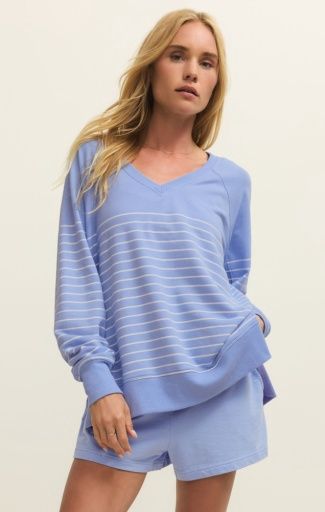 Z Supply WEEKENDER Stripe  V NECK, Colour: BARCELONA BLUE, Size: XS