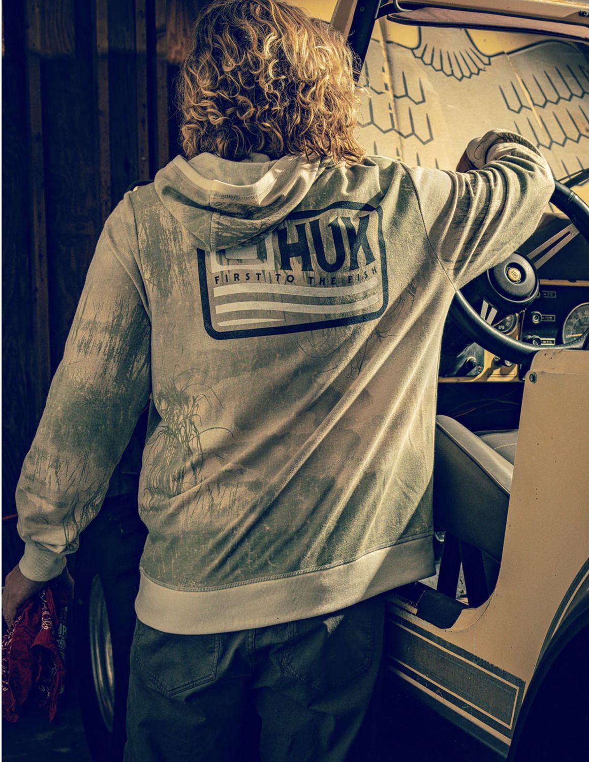 HUK EDISTO BORN WAVE TERRY HOODIE Silver Birch Marsh Camo