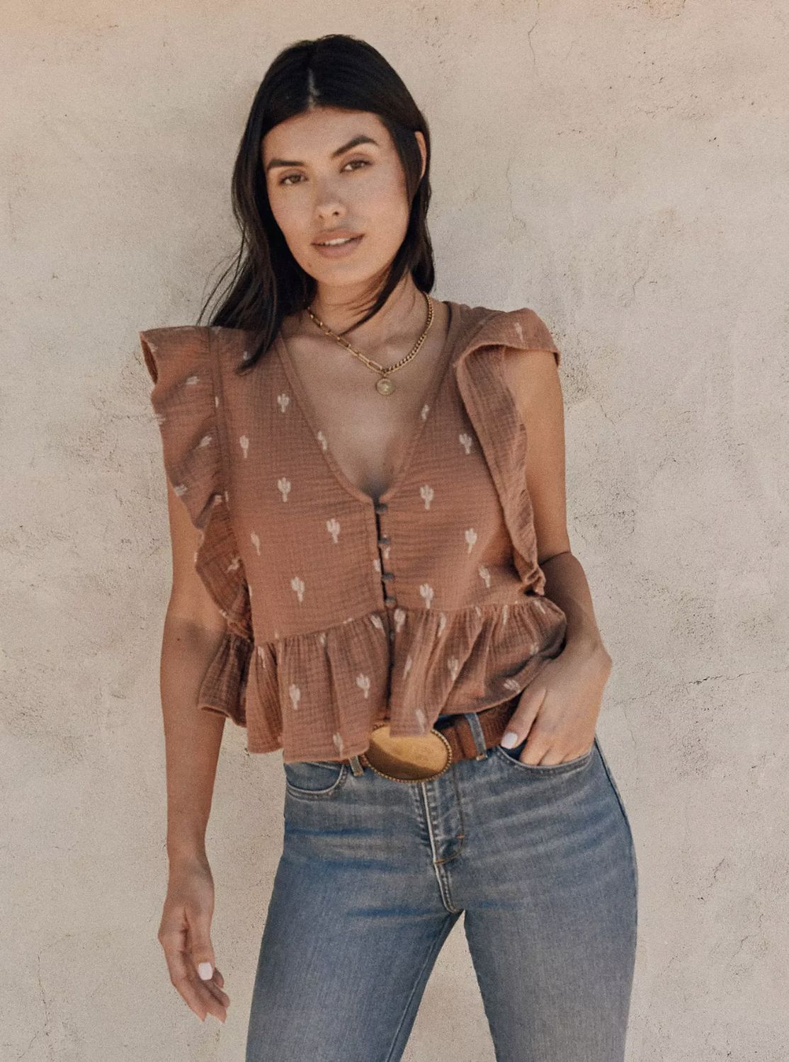 Wrangler GAUZY FLUTTER SLEEVE BLOUSE Brown