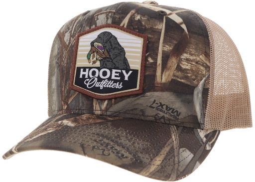 6-Panel OSFA Snapback Mid-Profile Curved Bill  Tan &amp; Black Lab Dog Patch RealTree Max 7 Camo &amp; Tan