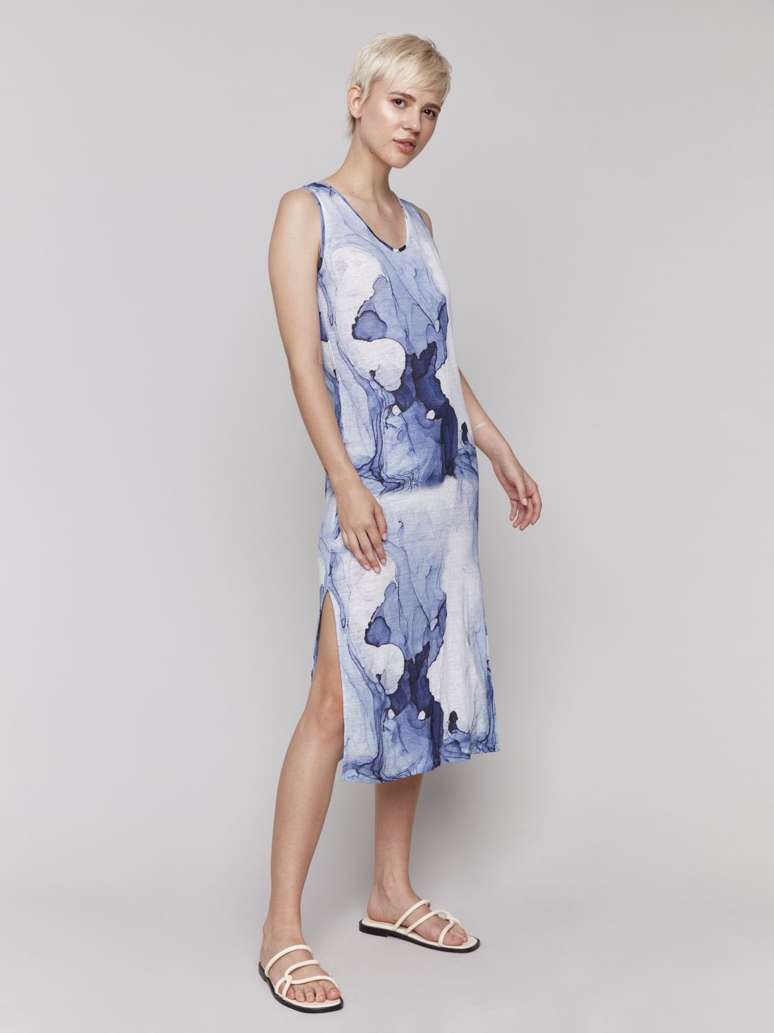 Blue/White Printed Sleevless Knit Dress #C3213D-258