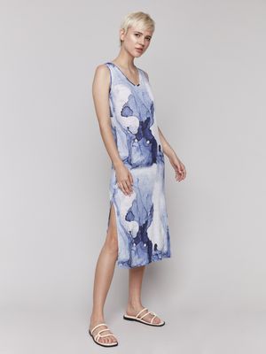 Blue/White Printed Sleevless Knit Dress #C3213D-258