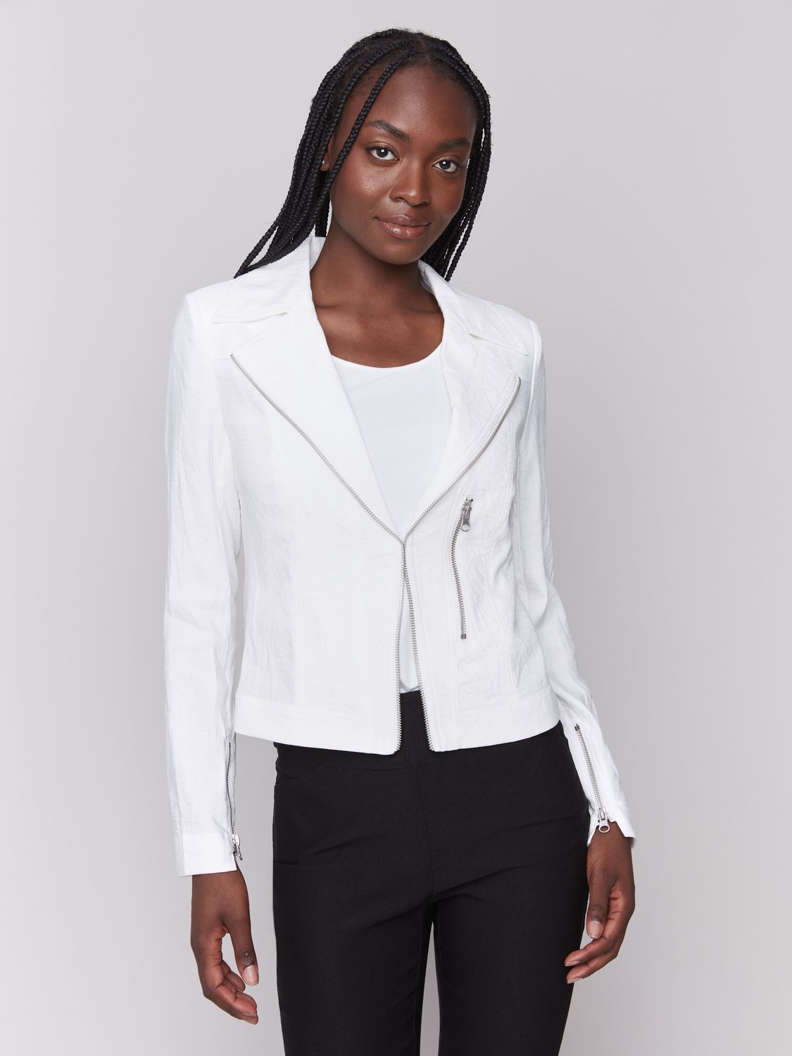 White Long Sleeve Rayon Moto Jacket #C6352-108