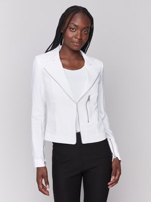 White Long Sleeve Rayon Moto Jacket #C6352-108