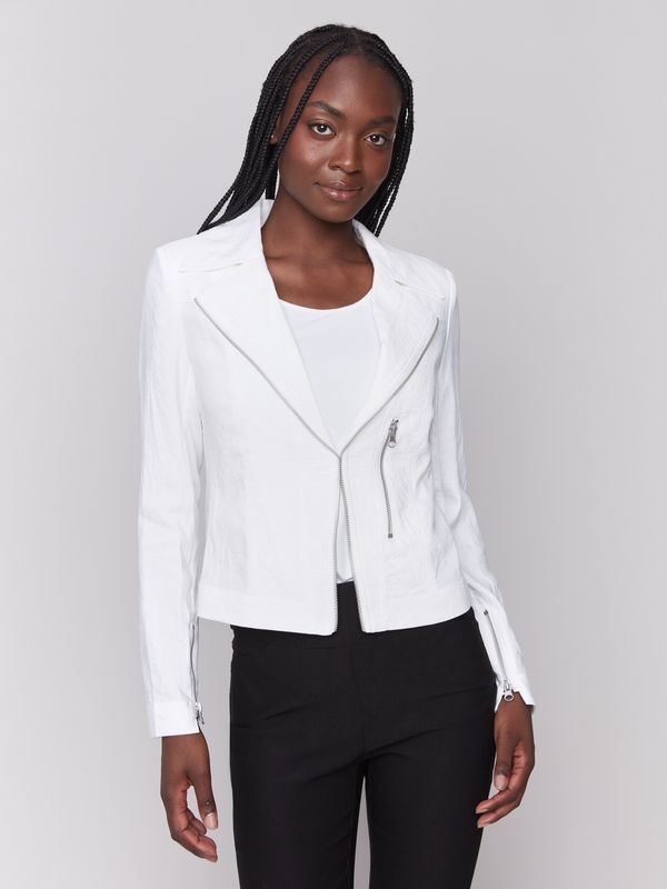 White Long Sleeve Rayon Moto Jacket #C6352-108