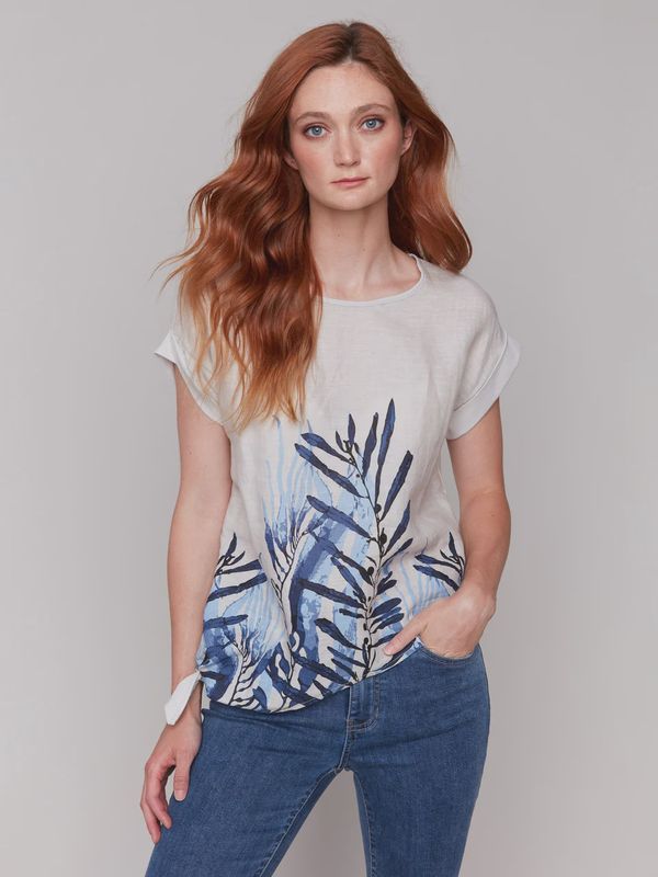 Printed LinenBlend Top w Side Tie #c4483B