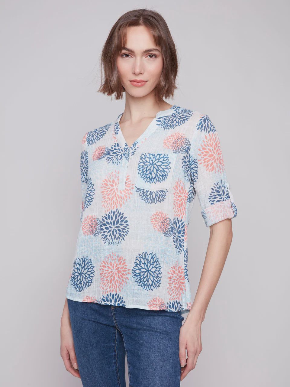 PRINTED SLV COTTON BLOUSE #C4188A