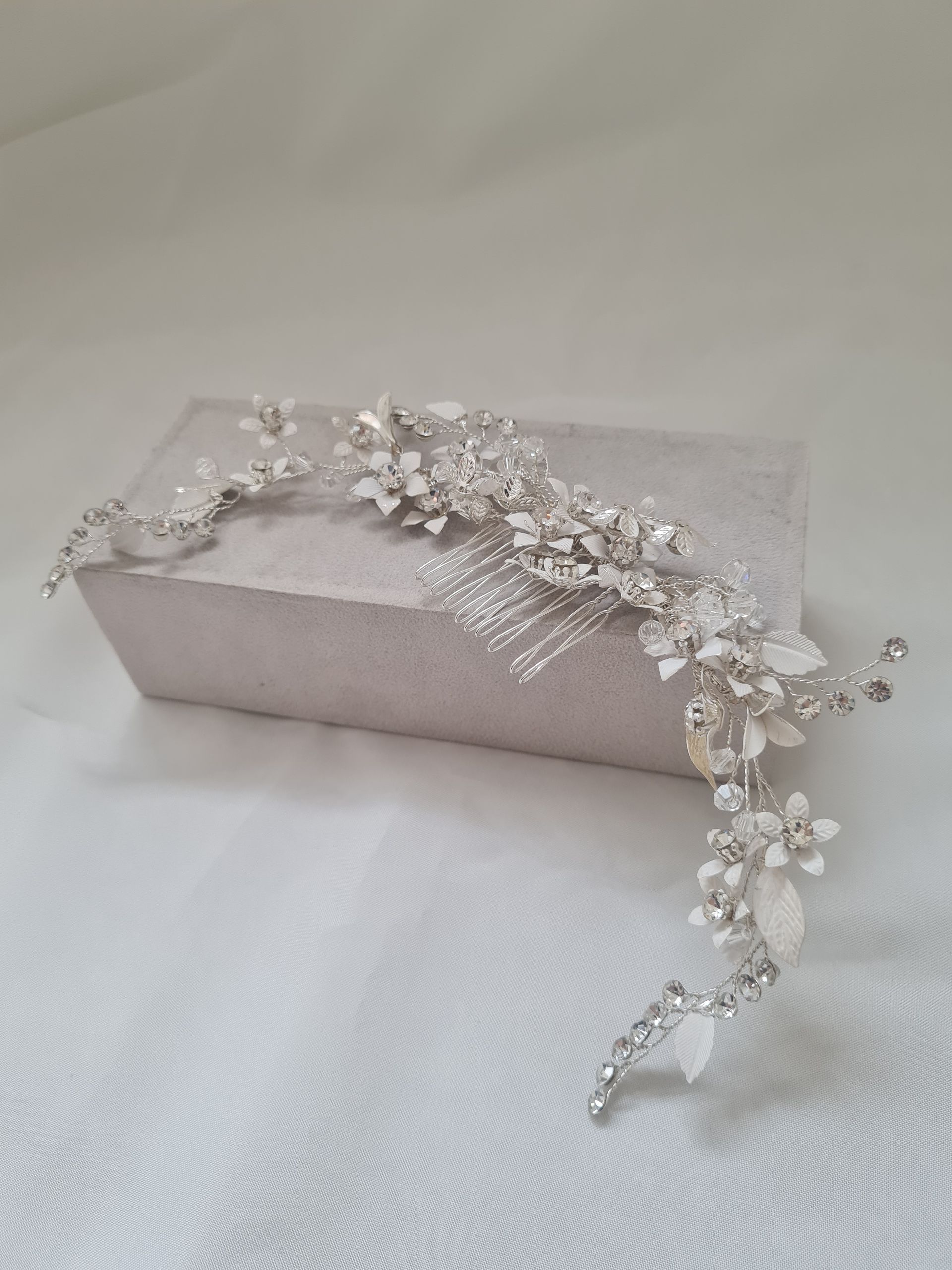 Adrienne Hair Vine - Handmade Silver & Ivory with Floral Crystal Detailing