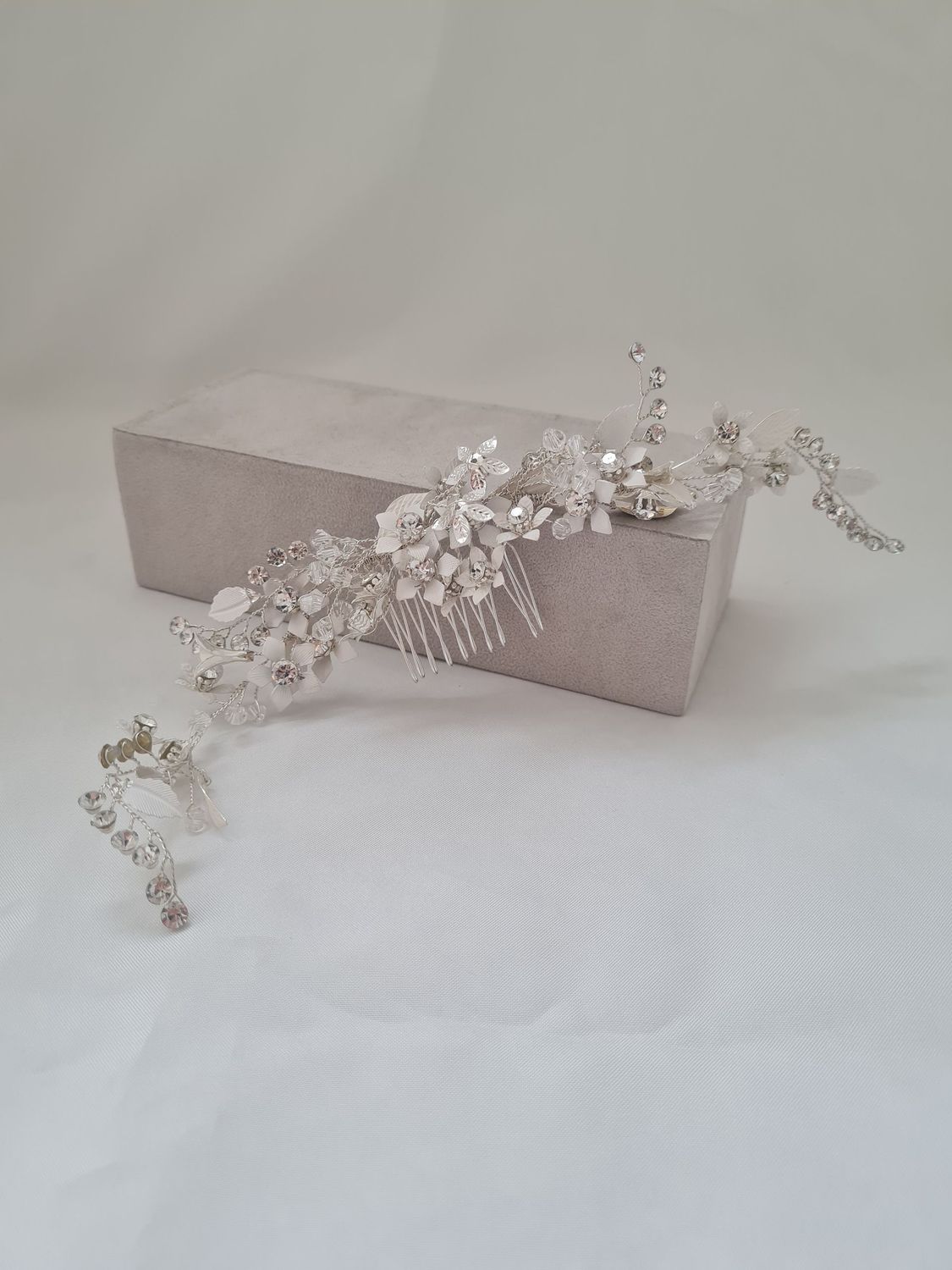 Adrienne Hair Vine - Handmade Silver & Ivory with Floral Crystal Detailing