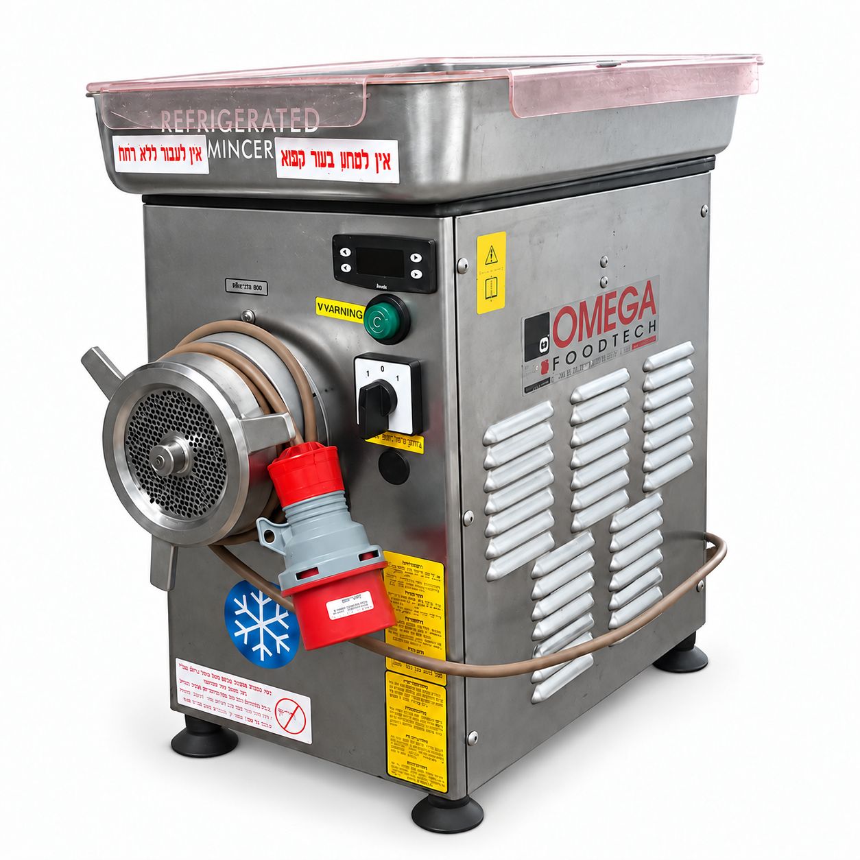 מטחנת בשר מקוררת OMEGA איטליה, ראש 32 ומנוע 3 כ״ס, עם מגש נירוסטה ומערכת קירור – מבט קדמי וצדי