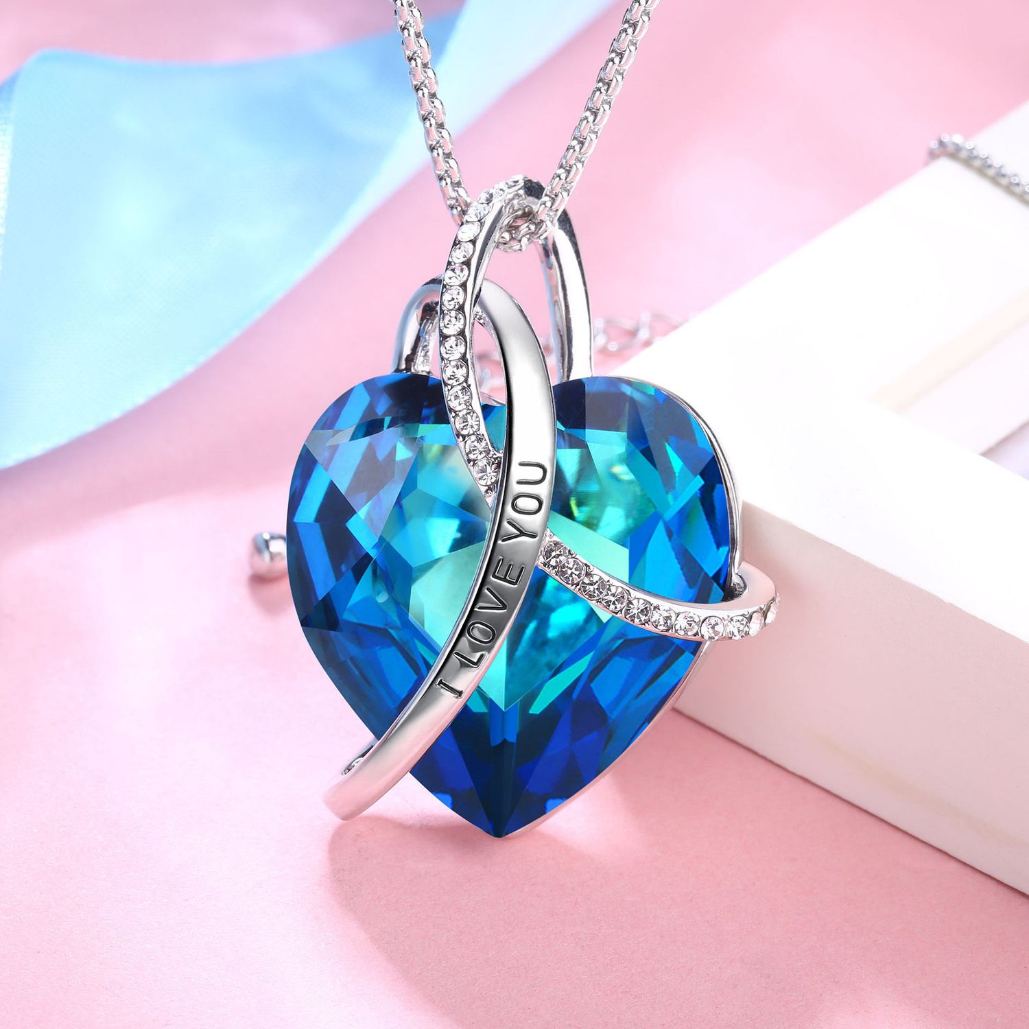 Blue heart cross Crystal Necklace pendant
