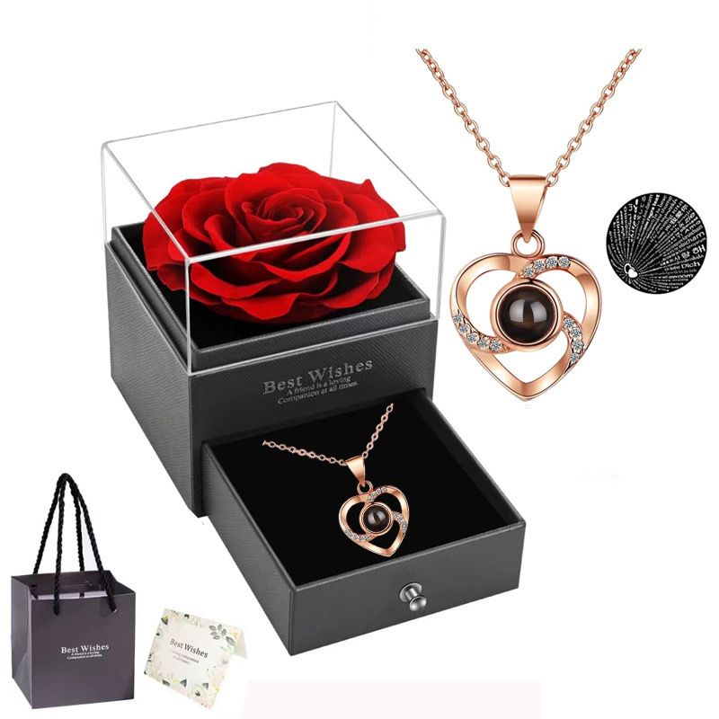 Cross-border Amazon Projection Necklace Women 100 Languages Pendant Eternal Flower Gift Box Mother&#39;s Day Valentine&#39;s Day Gift