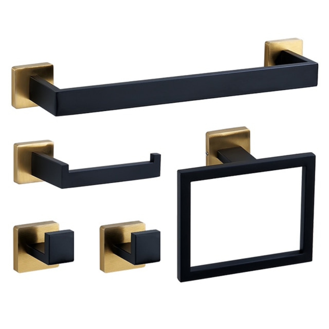 5 Piece Stainless Steel Wall Mount Bathroom Set Black and Gold