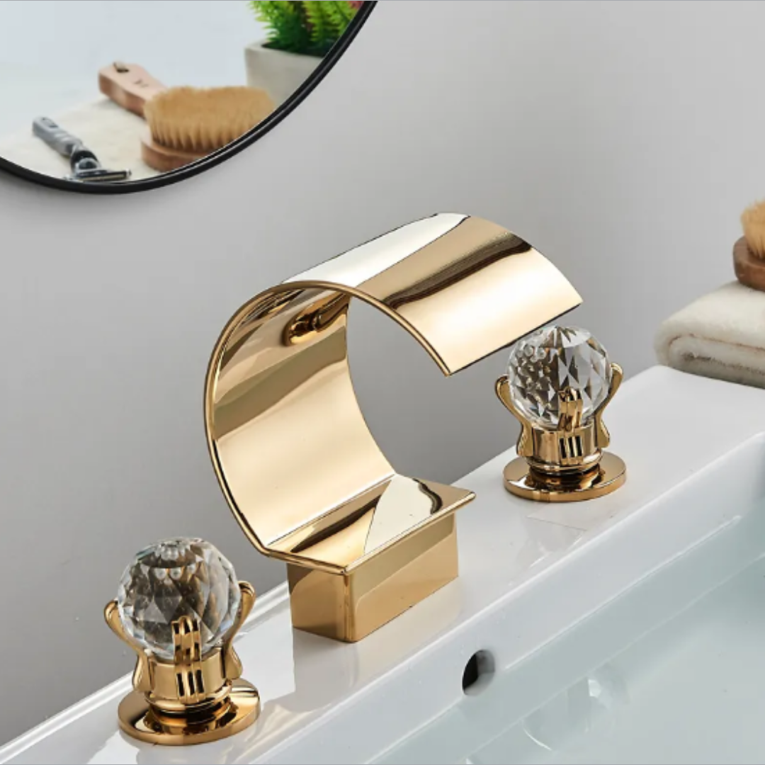 Brass Golden Bathroom Faucet Hot and Cold Water Crystal Handles