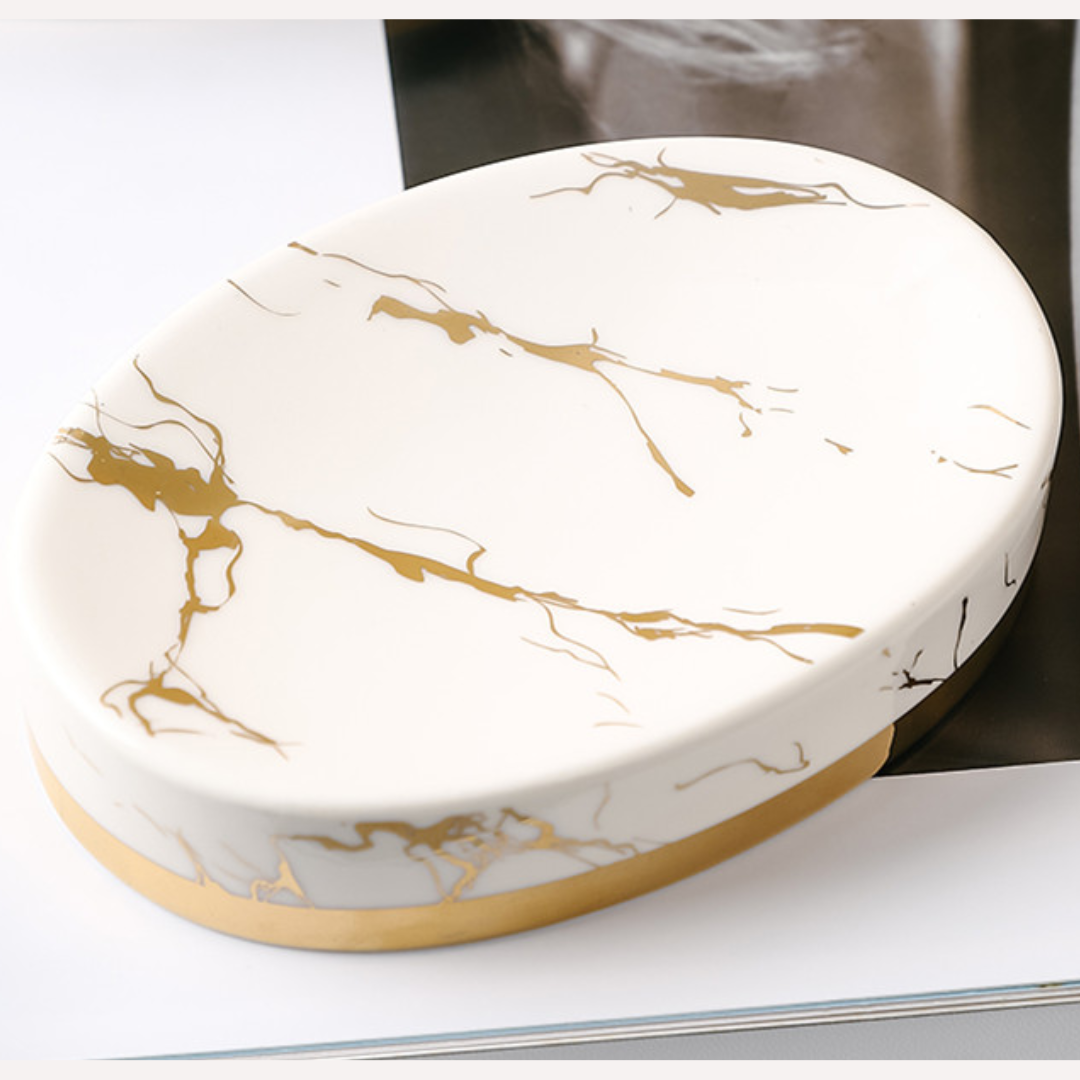 Ceramic White and Gold Bathroom Soap Dish