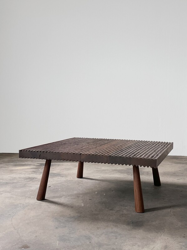 GROOVED, CARVED WALNUT TABLE