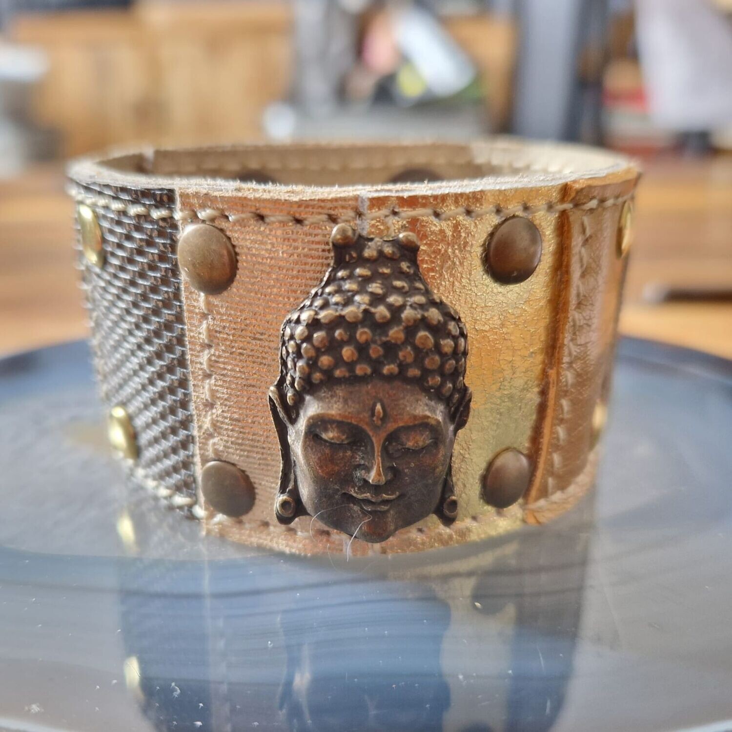 Studded leren armband Bronze gold Buddha