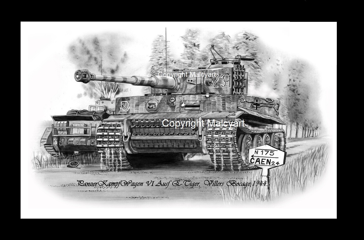 019 - A4 Mounted/Framed Print - PzKpfW VI Ausf E 'Tiger 1' Villers- Bocage (A3 Option available).