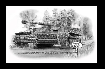 019 - A3 Mounted Print - PzKpfW VI Ausf E 'Tiger 1' Villers- Bocage