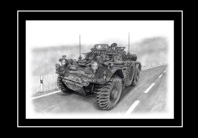 077 - A4 Framed Print - Ferret Scout Car Mk 1/1 (A3 mounted Option also available) Illustration to simulate mounted and Framed A4 Print