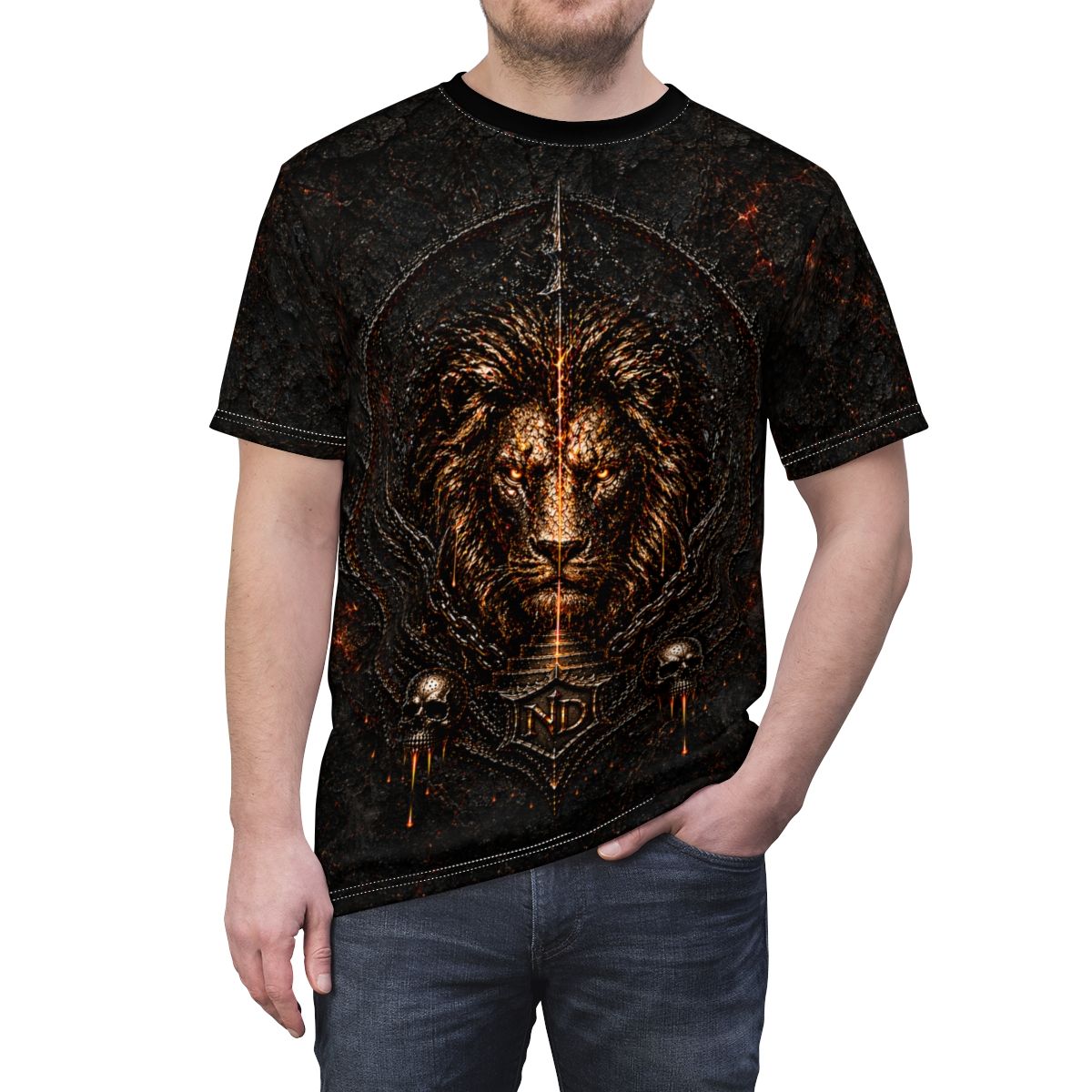 Nonadawn Leo Unisex Cut &amp; Sew Tee (AOP) | Dark Fantasy Lion Zodiac Shirt | Gothic Astrology Apparel