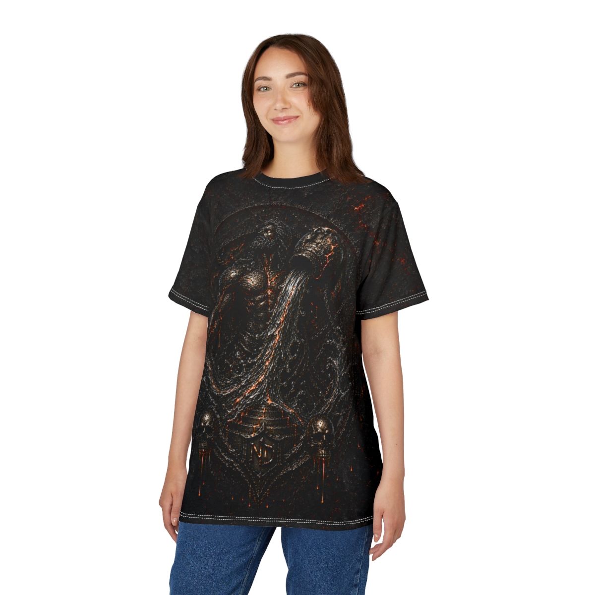 Nonadawn Aquarius Unisex Cut &amp; Sew Tee (AOP) | Dark Fantasy Water Bearer Zodiac Shirt | Gothic Astrology Apparel