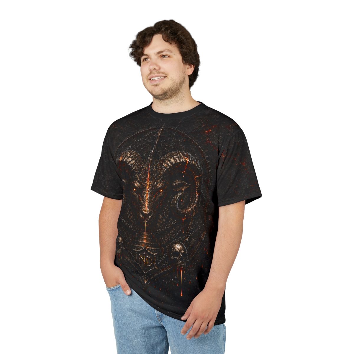 Nonadawn Aries Unisex Cut &amp; Sew Tee (AOP) | Dark Fantasy Zodiac Graphic Shirt | Fire Sign Apparel