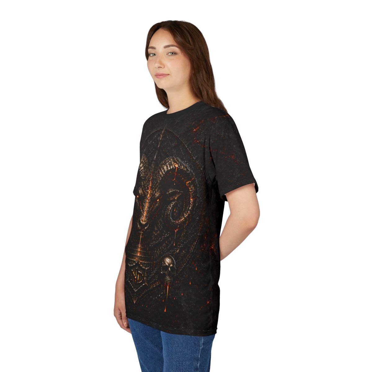 Nonadawn Aries Unisex Cut &amp; Sew Tee (AOP) | Dark Fantasy Zodiac Graphic Shirt | Fire Sign Apparel