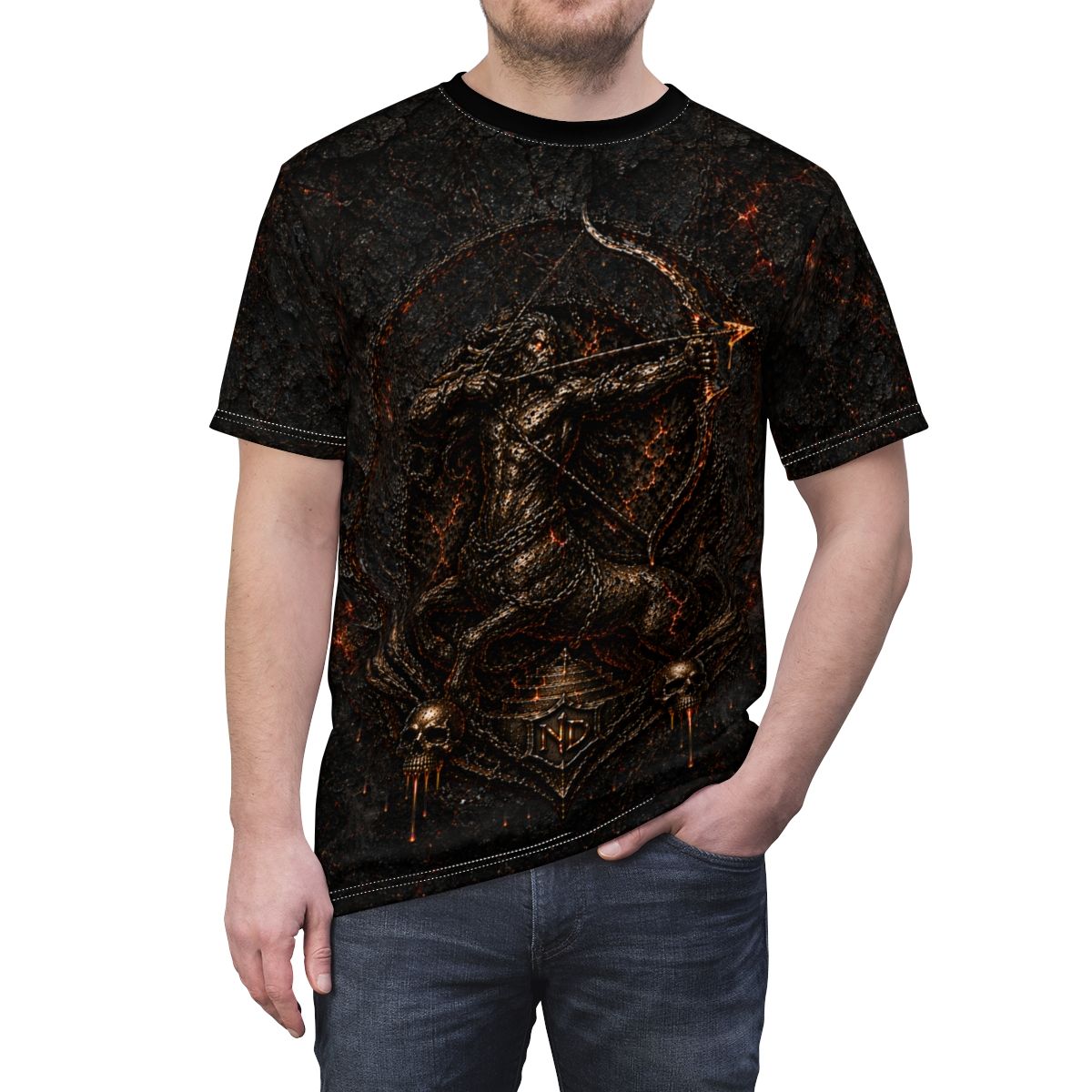 Nonadawn Sagittarius Unisex Cut &amp; Sew Tee (AOP) | Dark Fantasy Archer Zodiac Shirt | Gothic Astrology Apparel