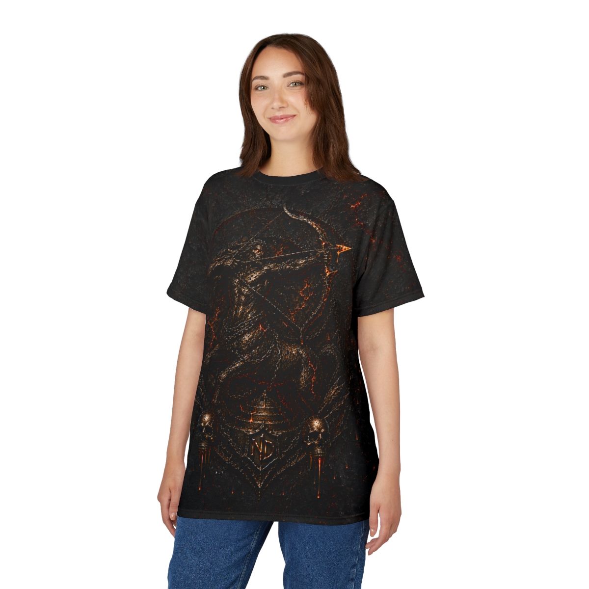 Nonadawn Sagittarius Unisex Cut &amp; Sew Tee (AOP) | Dark Fantasy Archer Zodiac Shirt | Gothic Astrology Apparel