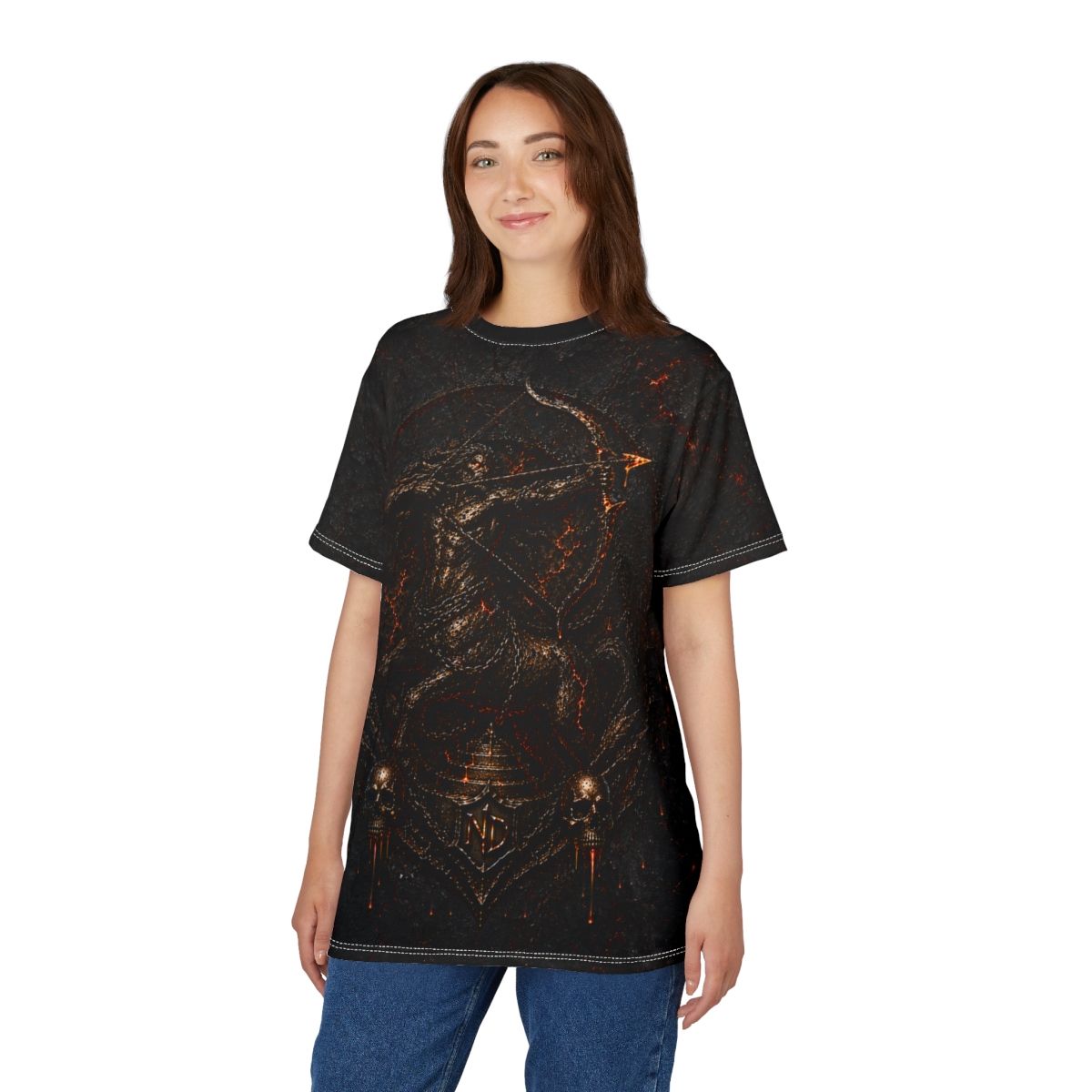 Nonadawn Sagittarius Unisex Cut &amp; Sew Tee (AOP) | Dark Fantasy Archer Zodiac Shirt | Gothic Astrology Apparel