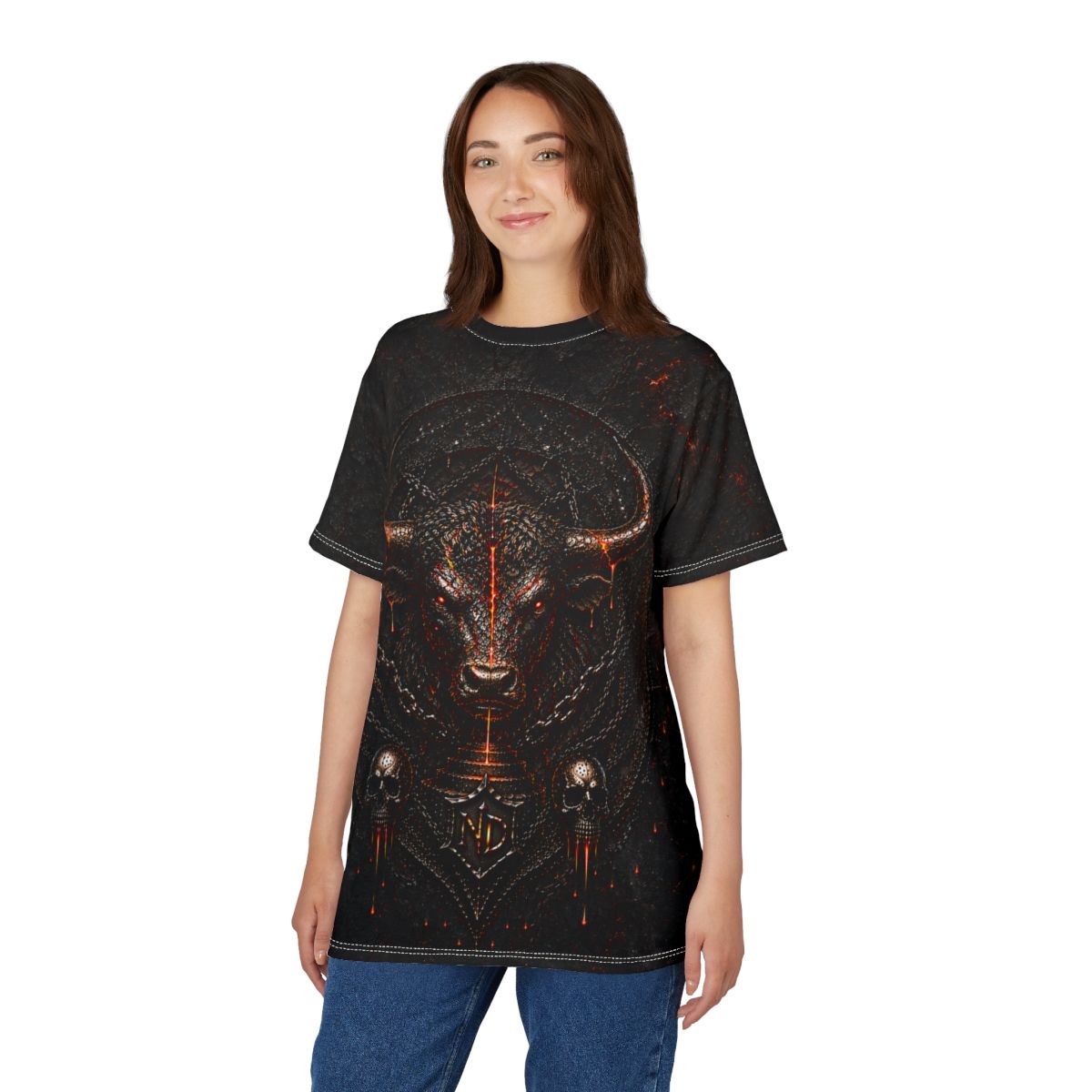 Nonadawn Taurus Unisex Cut &amp; Sew Tee (AOP) | Dark Fantasy Bull Zodiac Shirt | Gothic Astrology Apparel