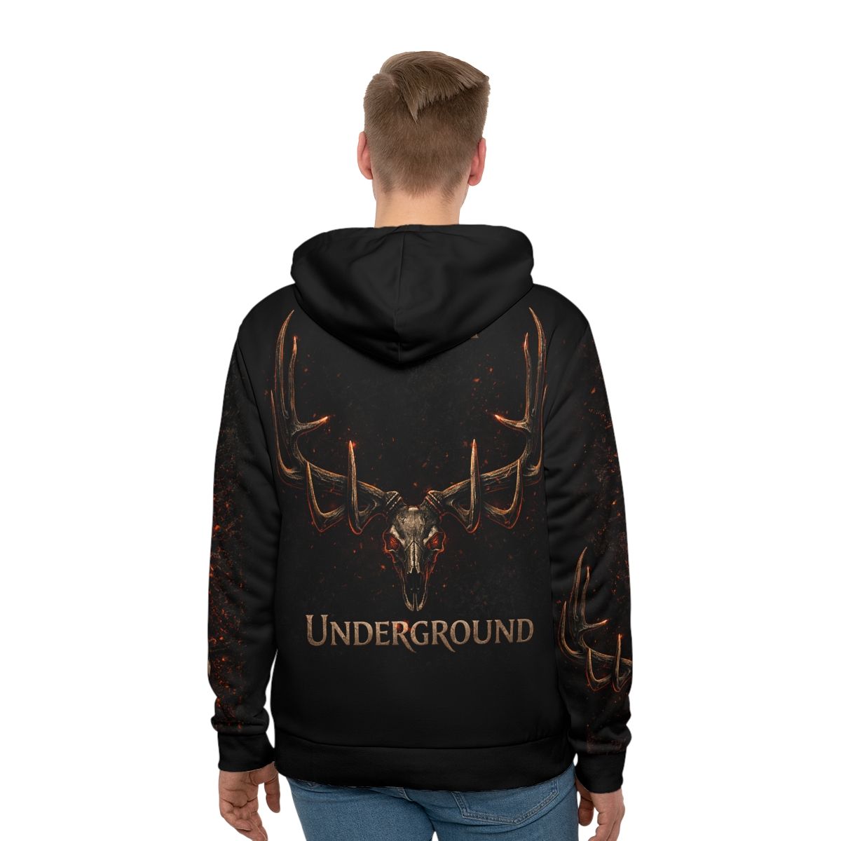 6 Point Underground antler skull Hoodie | Black all-over print