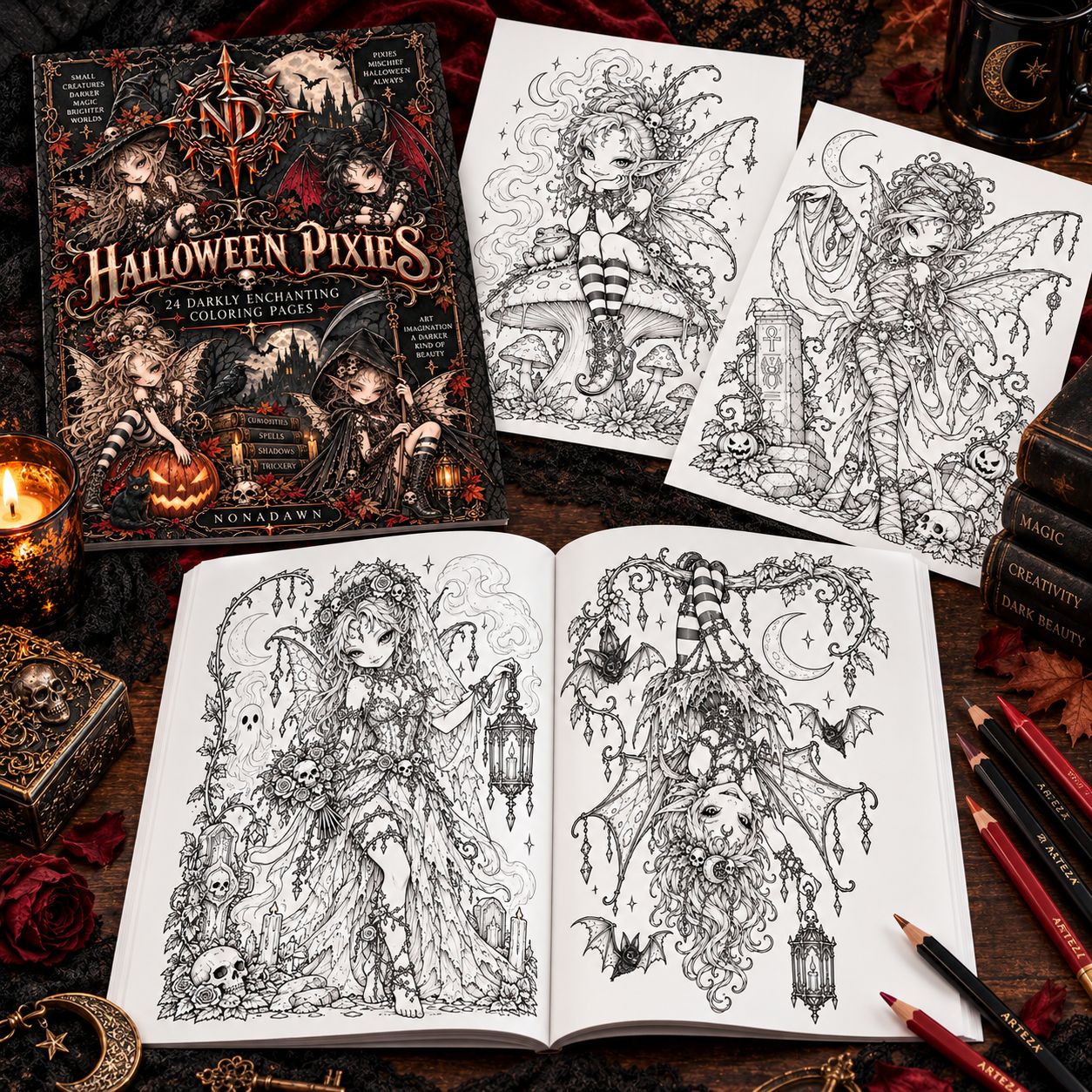 Nonadawn Halloween Pixies Coloring Book — 24 Darkly Enchanting Gothic Fantasy Coloring Pages