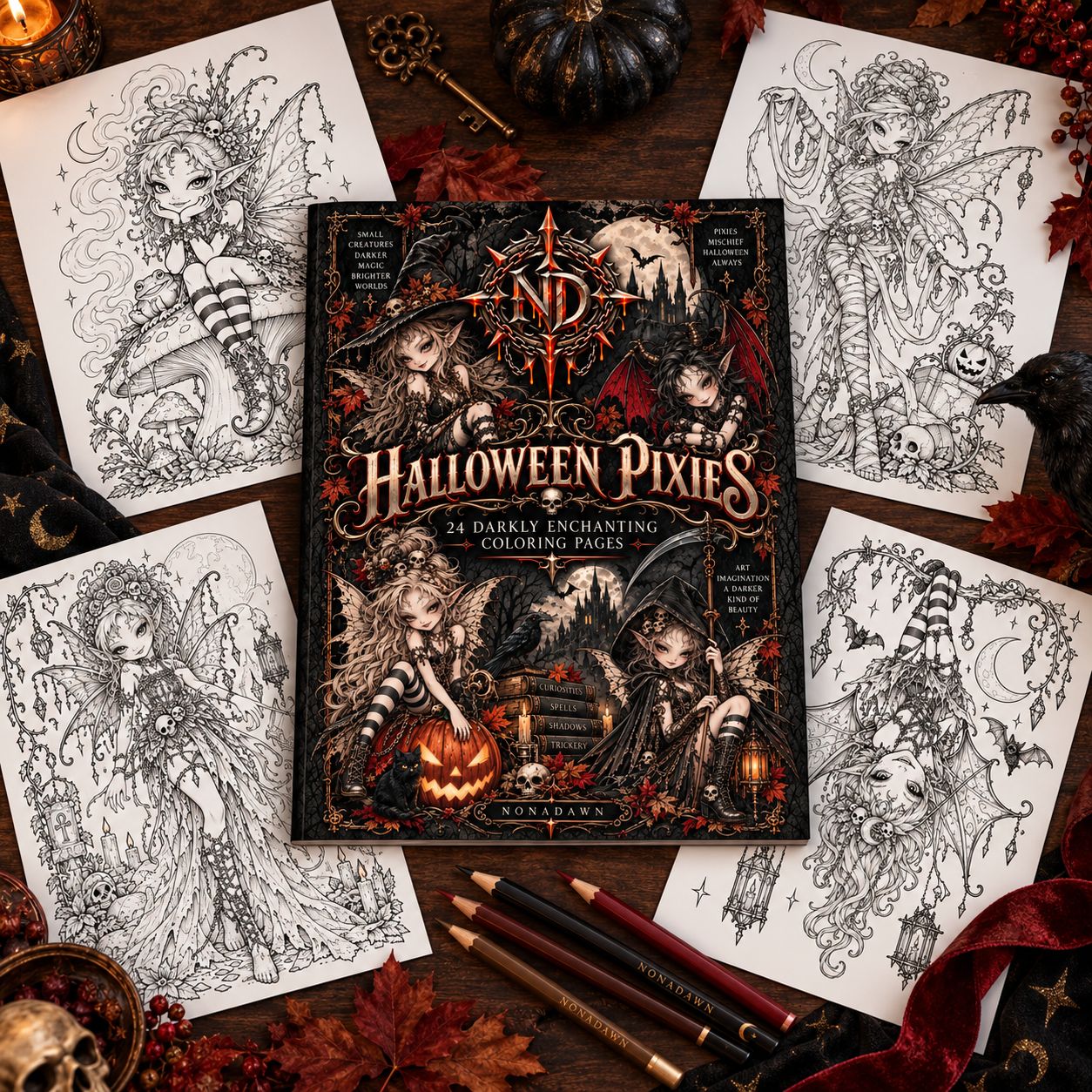 Nonadawn Halloween Pixies Coloring Book — 24 Darkly Enchanting Gothic Fantasy Coloring Pages
