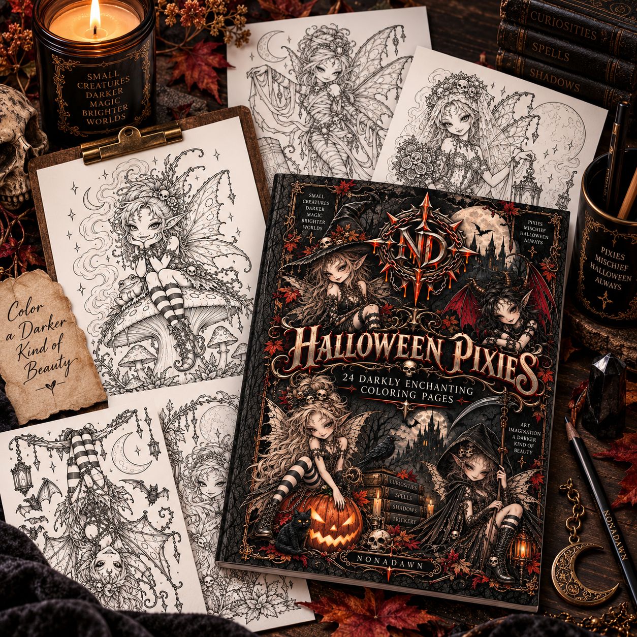 Nonadawn Halloween Pixies Coloring Book — 24 Darkly Enchanting Gothic Fantasy Coloring Pages