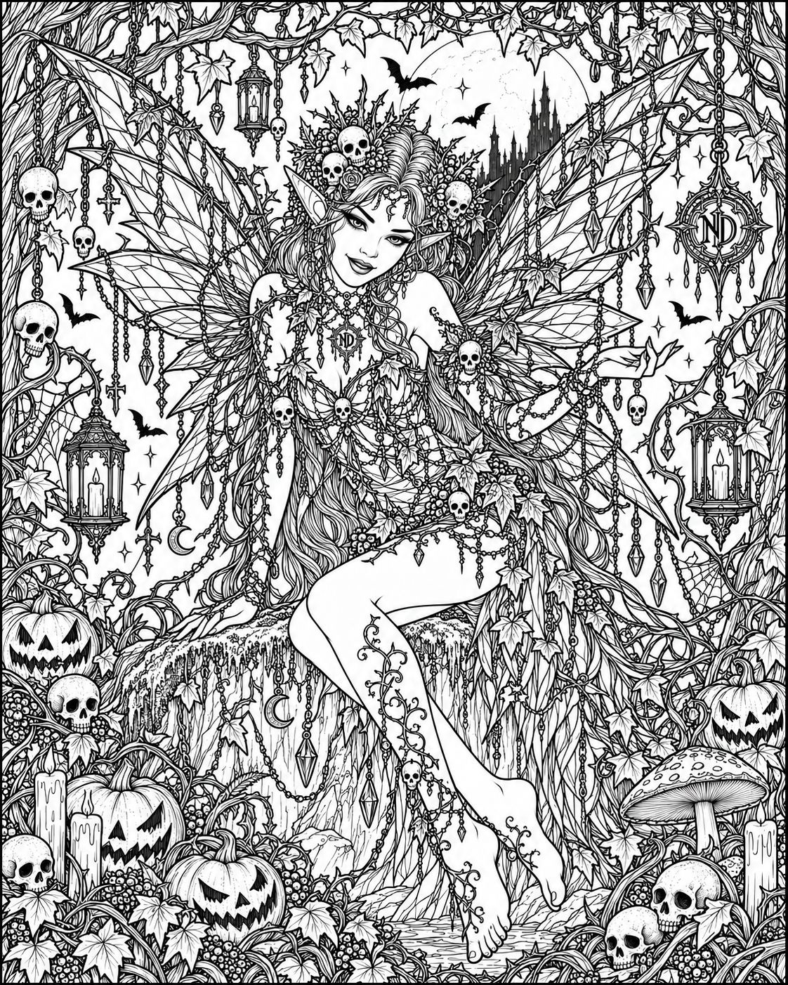 Free Gothic Pixie Coloring Page — Skull Garden Fairy | Nonadawn