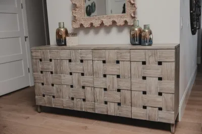 Wooden Weave 4-Door Credenza Grey Wash Finish