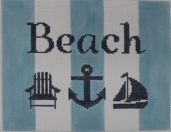 Beach with Adirondack Chair, Anchor, and Sailboat - Navy, Blue, White