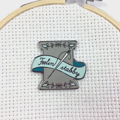 &quot;Feelin Stabby&quot; Spool of Thread Hard Enamel Exclusive Magnetic Needle Minder | Grey &amp; Teal
