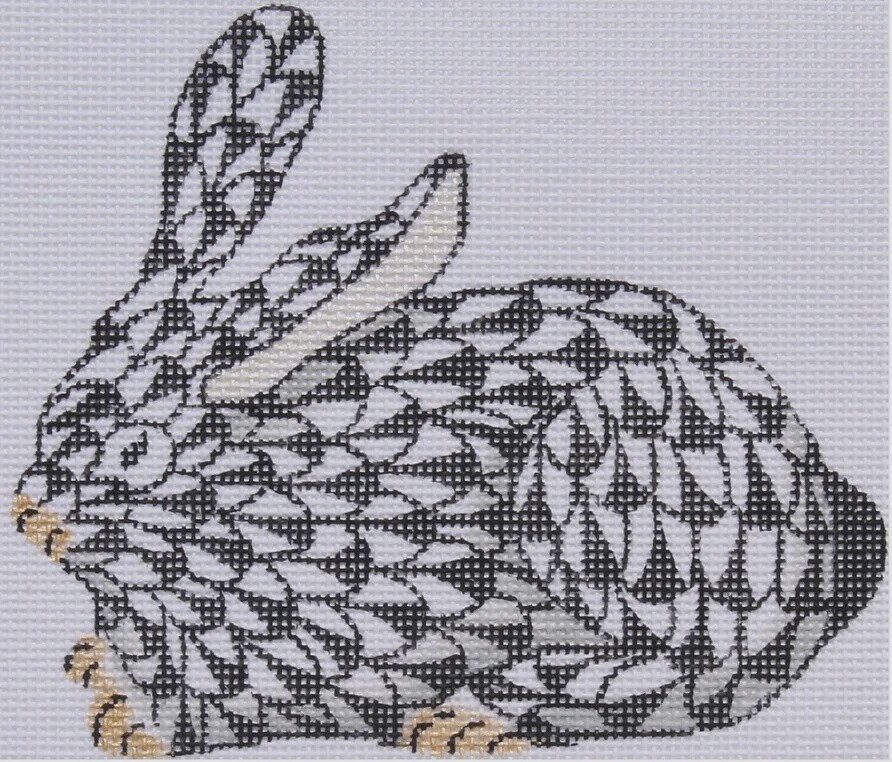 Mini Herend-style Fishnet Crouching Bunny - Black with Gold