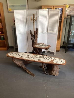 Pair of Handcrafted Modern Driftwood Mosaic Tables